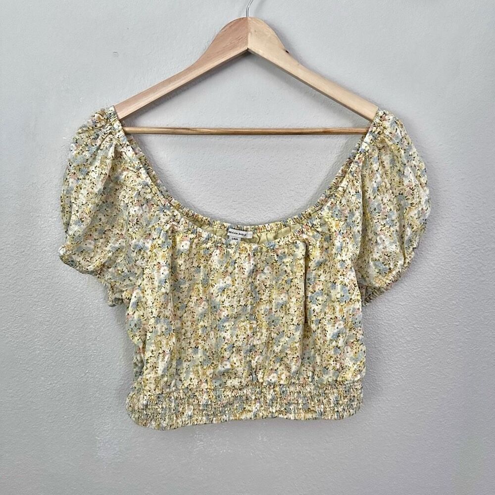 AMERICAN EAGLE OUTFITTERS | Yellow Floral Print Smocked Cropped Blouse | Large